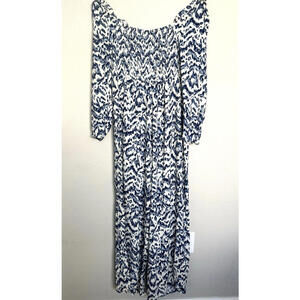 Eloquii Elements Smocked Jumpsuit 20 Plus Blue White Long Sleeve Wide‎ Leg Boho